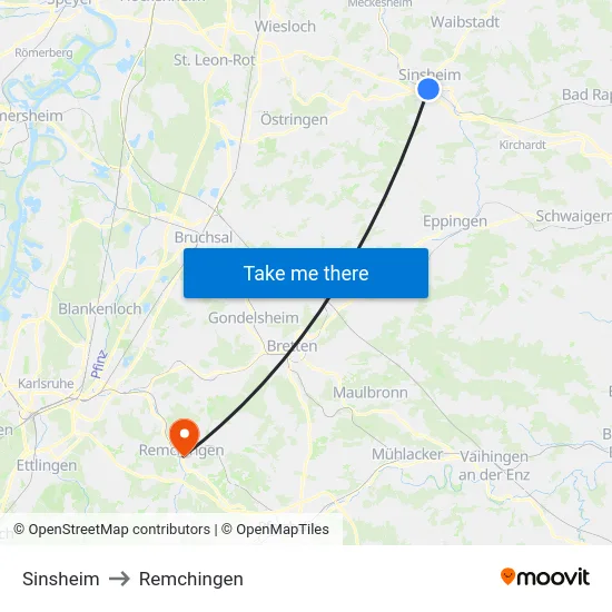 Sinsheim to Remchingen map