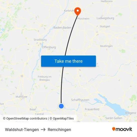 Waldshut-Tiengen to Remchingen map