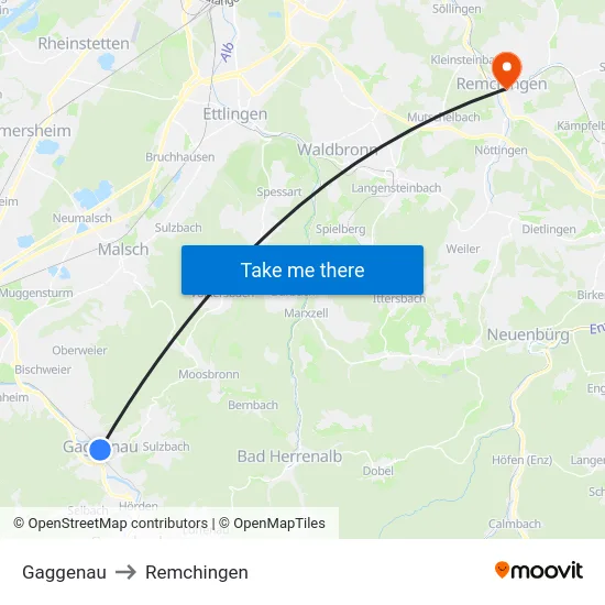 Gaggenau to Remchingen map