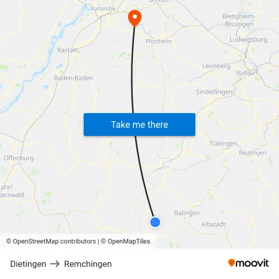 Dietingen to Remchingen map