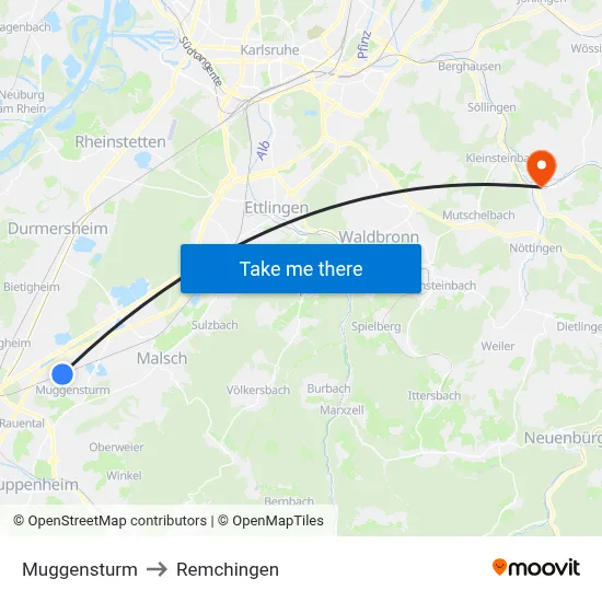 Muggensturm to Remchingen map