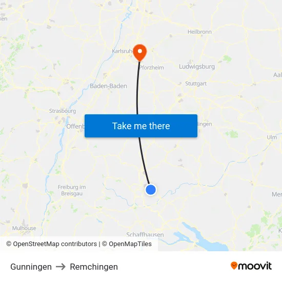 Gunningen to Remchingen map