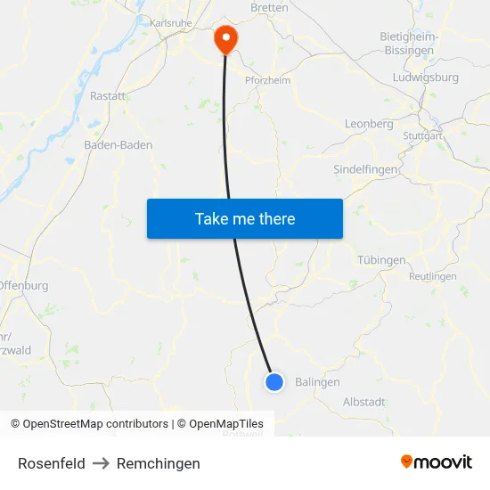 Rosenfeld to Remchingen map