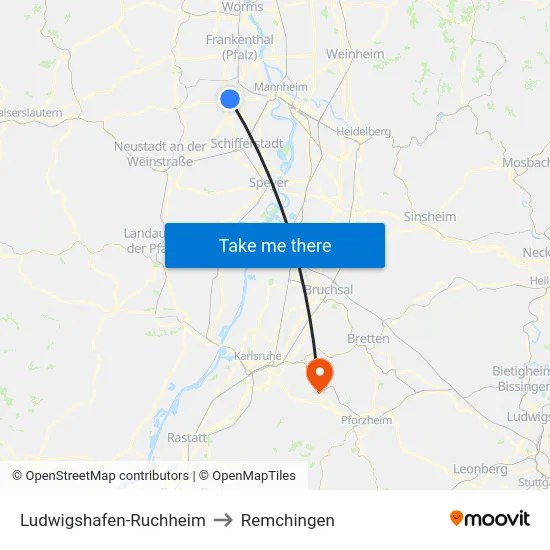Ludwigshafen-Ruchheim to Remchingen map