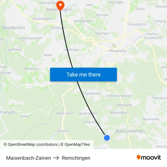 Maisenbach-Zainen to Remchingen map