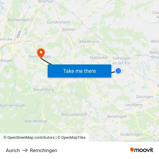 Aurich to Remchingen map
