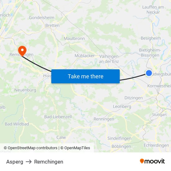 Asperg to Remchingen map