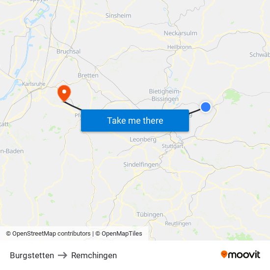 Burgstetten to Remchingen map