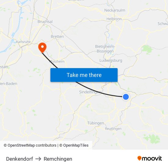 Denkendorf to Remchingen map