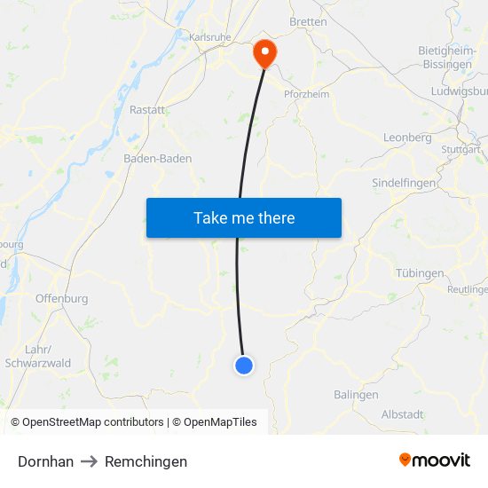 Dornhan to Remchingen map