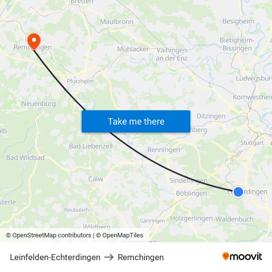 Leinfelden-Echterdingen to Remchingen map