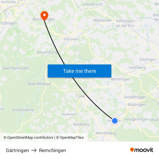 Gärtringen to Remchingen map