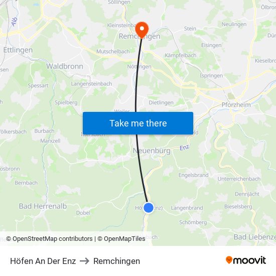 Höfen An Der Enz to Remchingen map