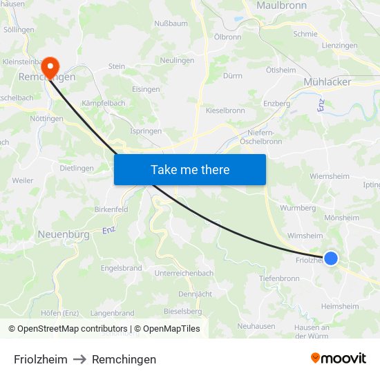 Friolzheim to Remchingen map