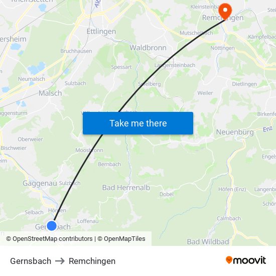 Gernsbach to Remchingen map