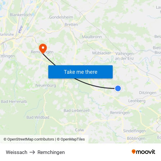 Weissach to Remchingen map