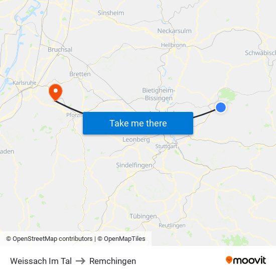 Weissach Im Tal to Remchingen map