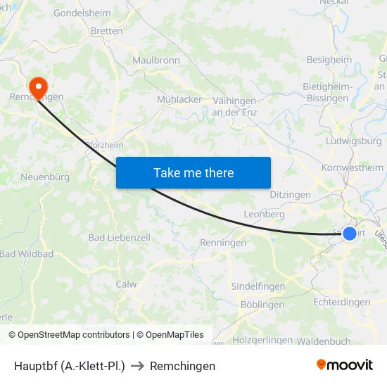 Hauptbf (A.-Klett-Pl.) to Remchingen map