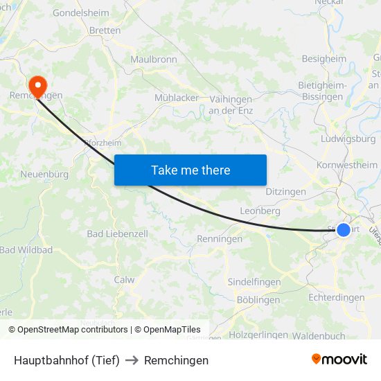 Hauptbahnhof (Tief) to Remchingen map