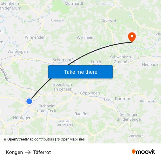 Köngen to Täferrot map