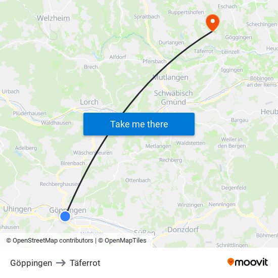 Göppingen to Täferrot map