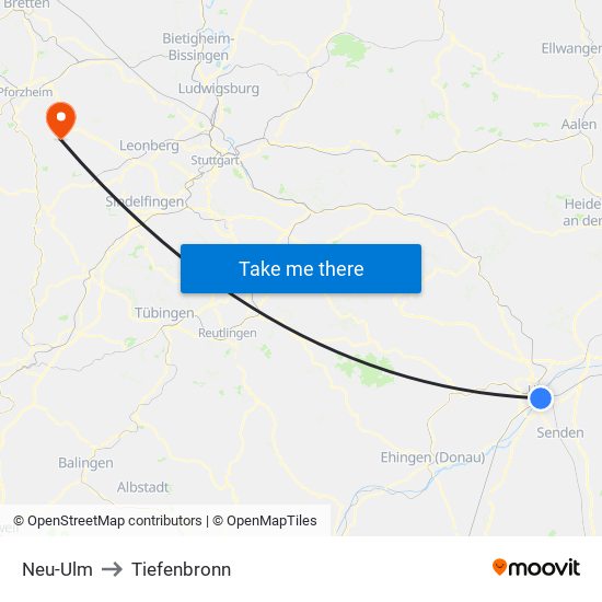 Neu-Ulm to Tiefenbronn map