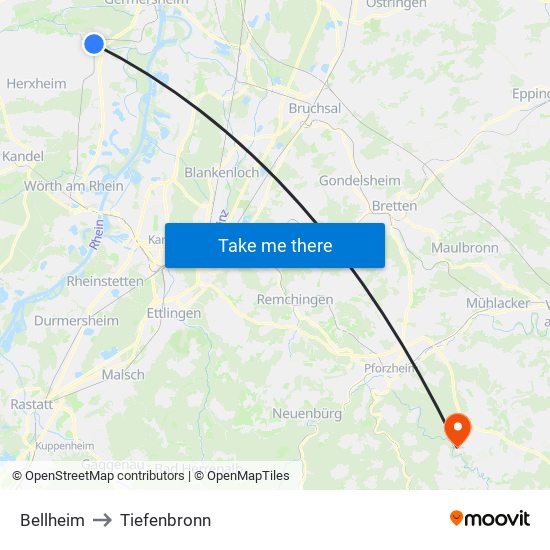 Bellheim to Tiefenbronn map