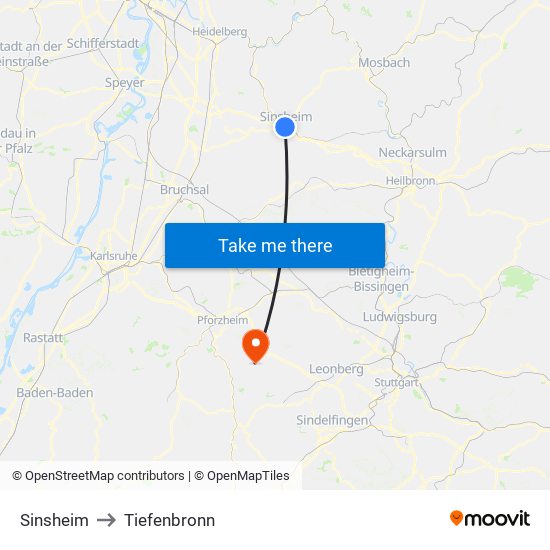 Sinsheim to Tiefenbronn map