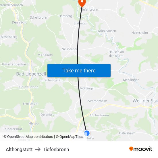 Althengstett to Tiefenbronn map