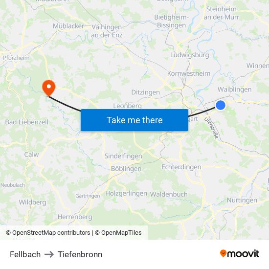 Fellbach to Tiefenbronn map
