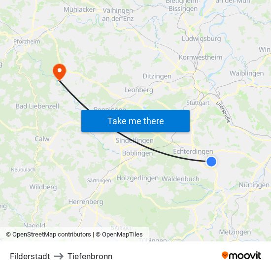 Filderstadt to Tiefenbronn map