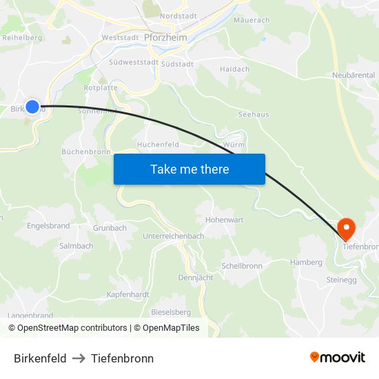 Birkenfeld to Tiefenbronn map