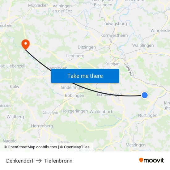 Denkendorf to Tiefenbronn map