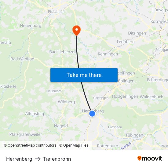 Herrenberg to Tiefenbronn map