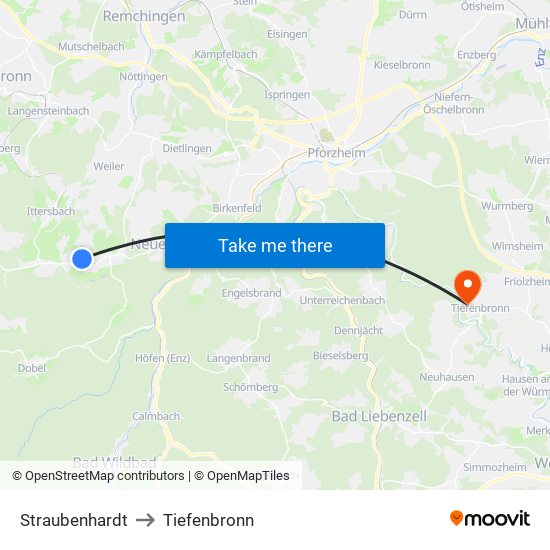 Straubenhardt to Tiefenbronn map