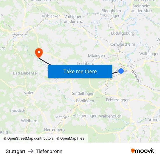 Stuttgart to Tiefenbronn map