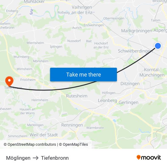 Möglingen to Tiefenbronn map