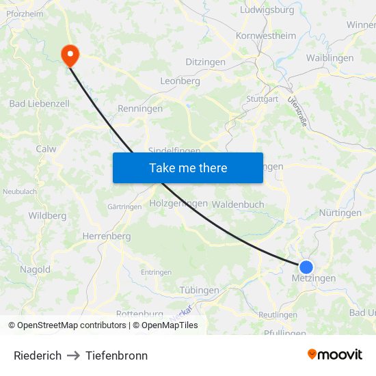 Riederich to Tiefenbronn map