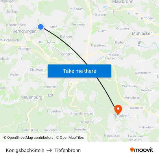 Königsbach-Stein to Tiefenbronn map