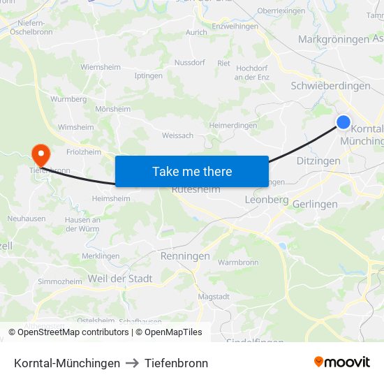 Korntal-Münchingen to Tiefenbronn map