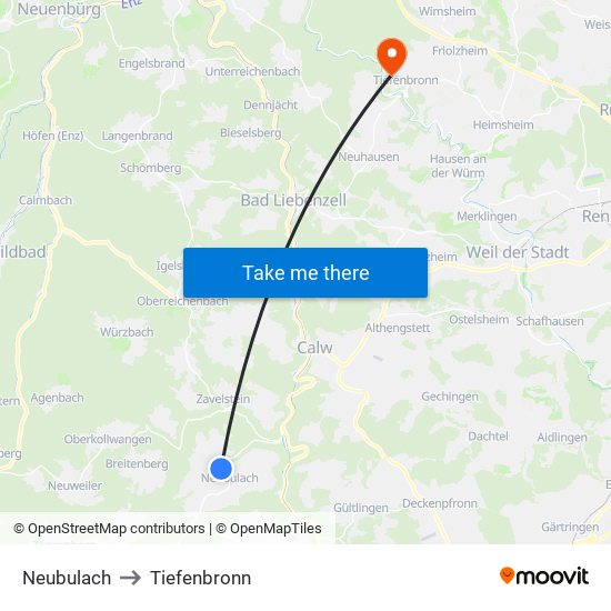 Neubulach to Tiefenbronn map