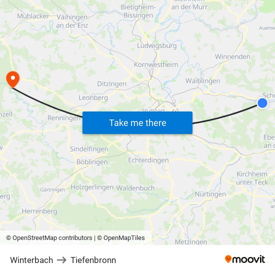 Winterbach to Tiefenbronn map