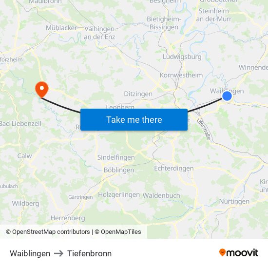Waiblingen to Tiefenbronn map
