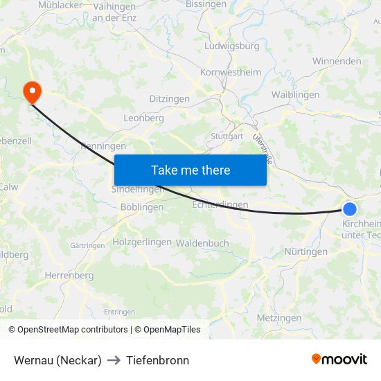 Wernau (Neckar) to Tiefenbronn map