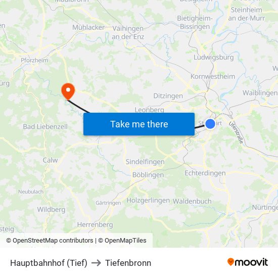 Hauptbahnhof (Tief) to Tiefenbronn map