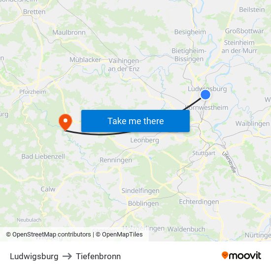 Ludwigsburg to Tiefenbronn map