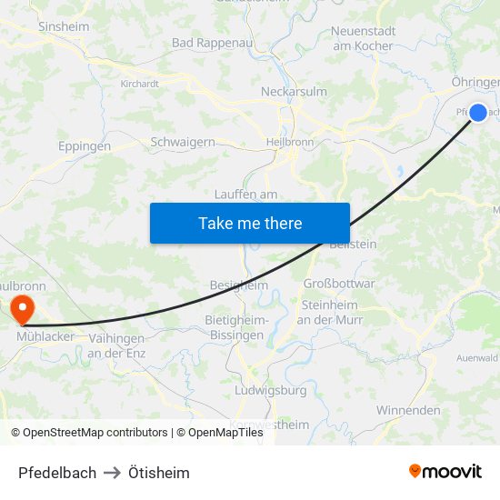 Pfedelbach to Ötisheim map