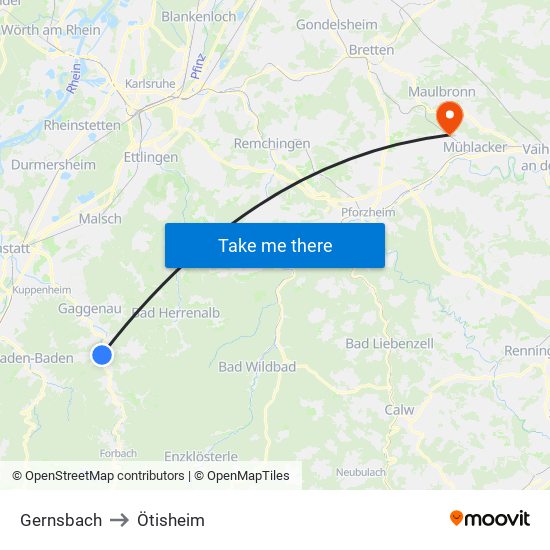 Gernsbach to Ötisheim map