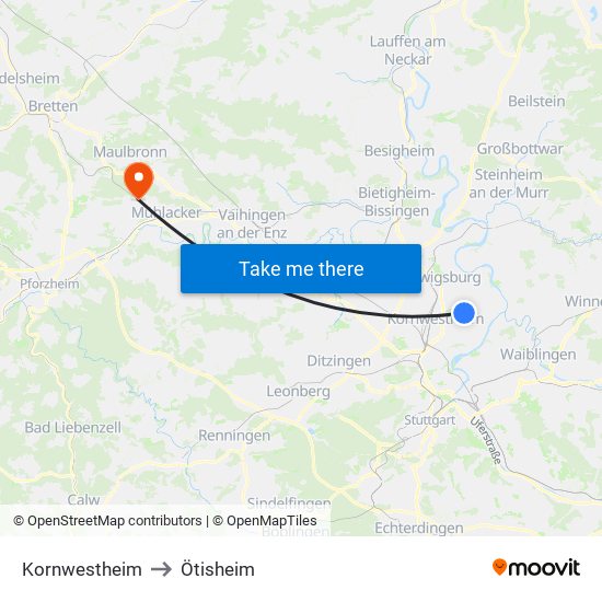 Kornwestheim to Ötisheim map
