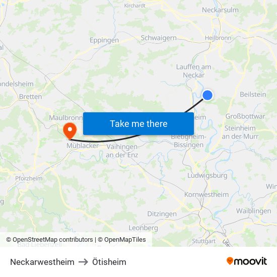 Neckarwestheim to Ötisheim map